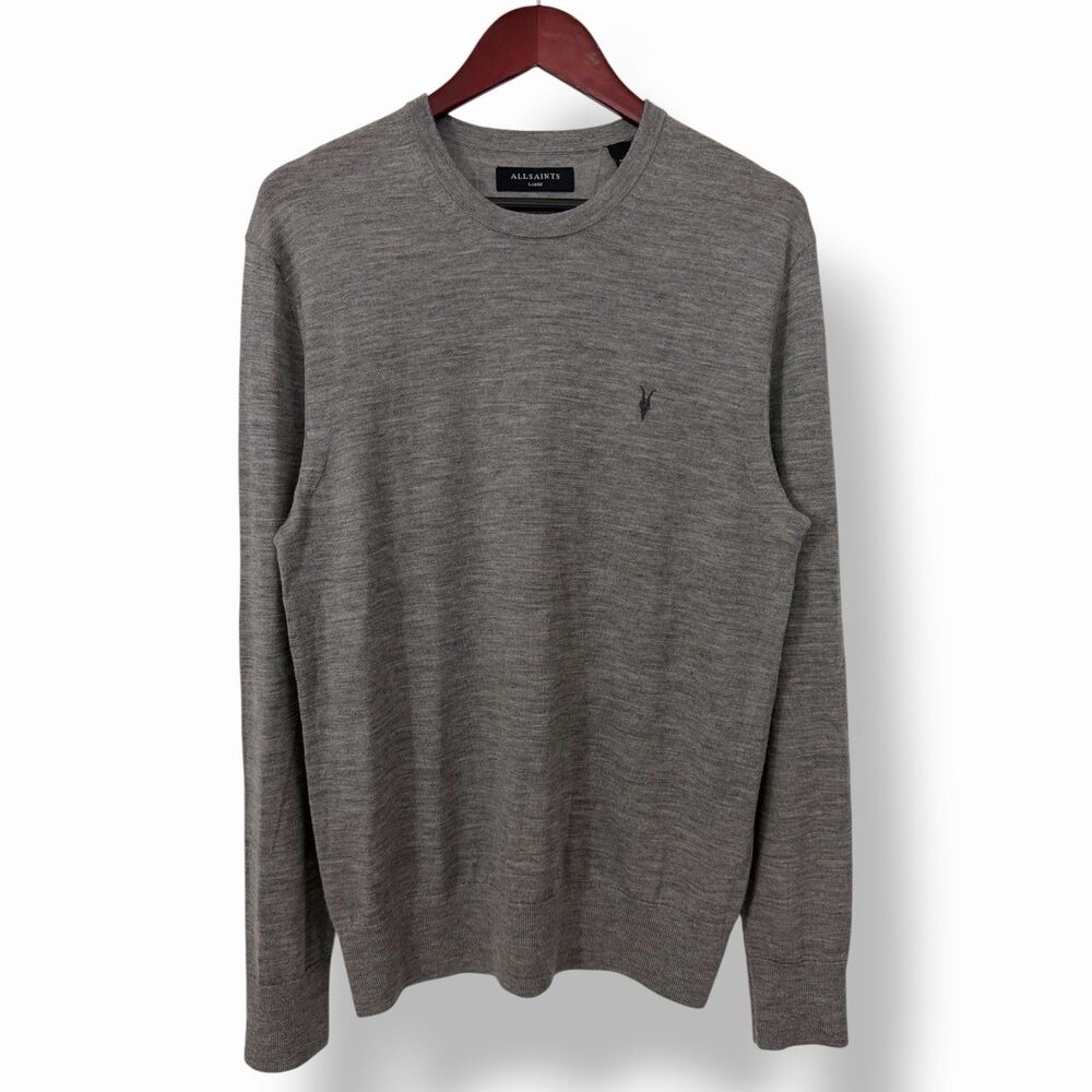 AllSaints Gray Mode Merino Wool Crewneck Sweater Large Ramskull Knitwear Jumper